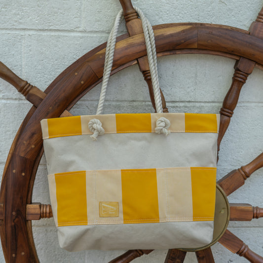 Yellow striped rope handle canvas beach tote bag