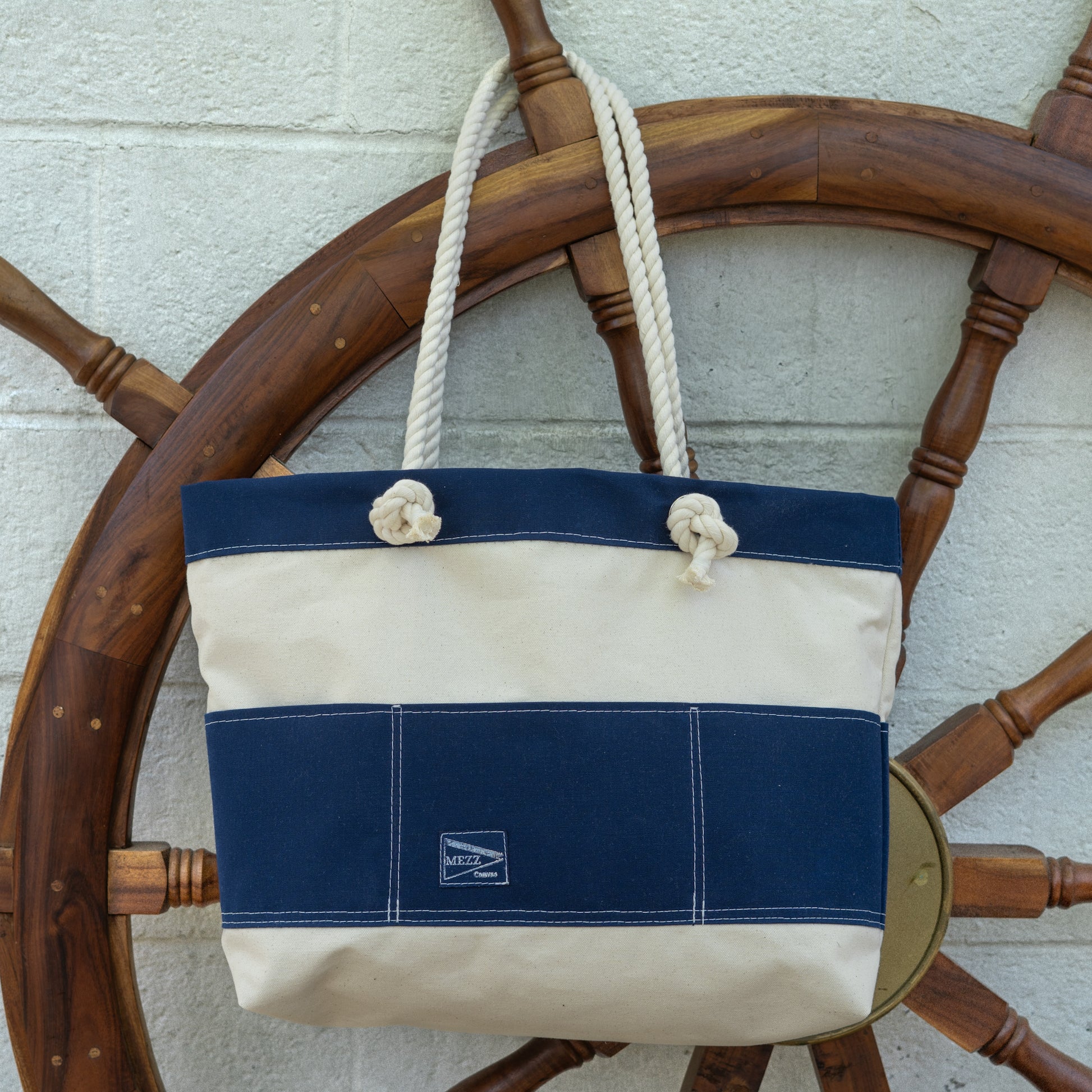 Blue canvas rope handle beach tote bag