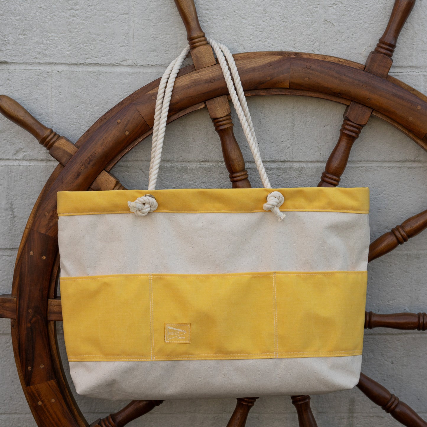 Large yellow rope handle canvas beach tote bag