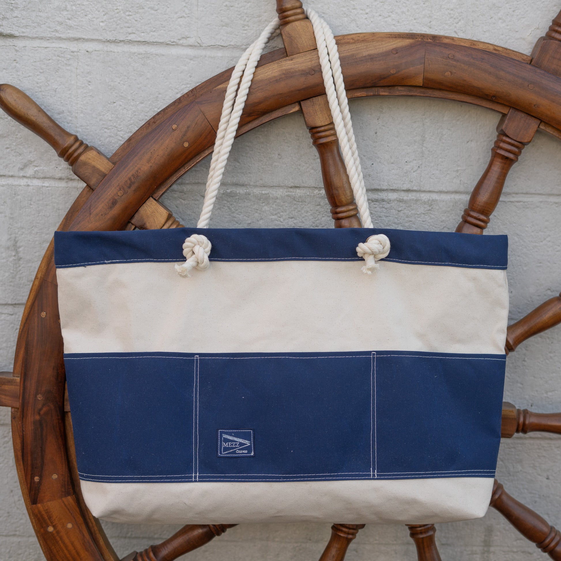 Large blue rope handle canvas beach tote bag